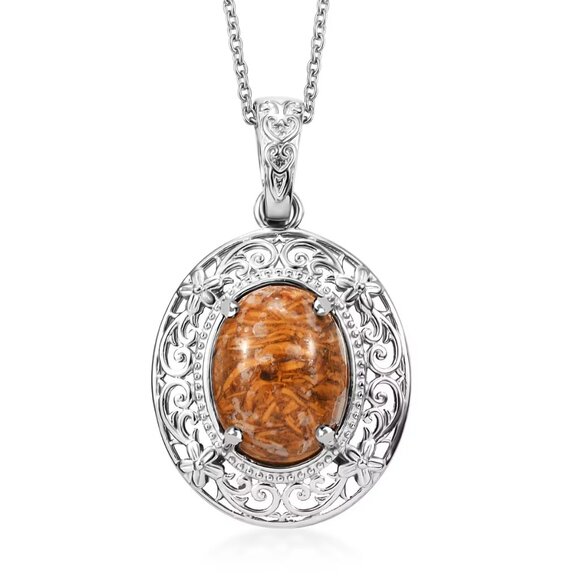 Jewelry - Women's Script Stone in Platinum Over Copper with Stainless Steel Necklace